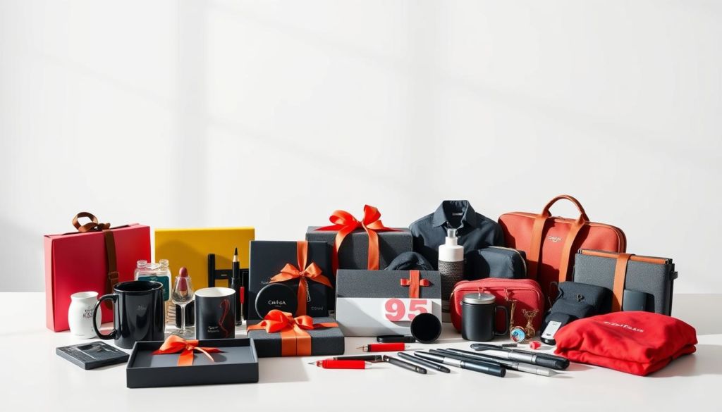 A vibrant display of personalized corporate gifts in a well-lit, professional setting. Arranged on a sleek, modern table against a minimalist white backdrop, the items showcase a diverse range of promotional products, from stylish mugs and pens to tech accessories and apparel. Soft shadows and highlights accentuate the textures and finishes, creating a visually appealing and aspirational scene. The overall aesthetic is polished, sophisticated, and inviting, reflecting the success and impact of these customized branding tools in the Brazilian market.