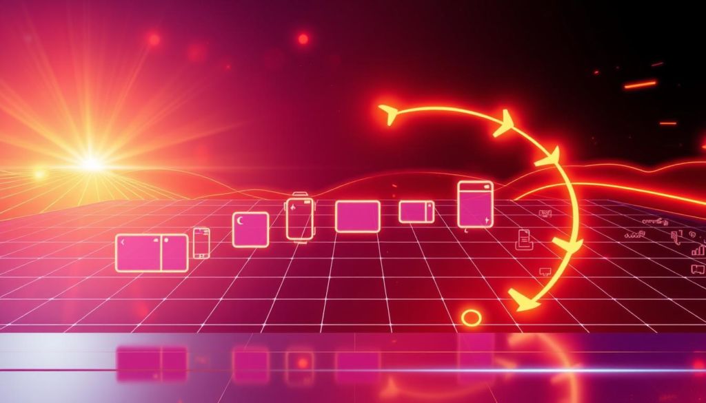 A vibrant, dynamic illustration depicting the cycle of product innovation. In the foreground, a stylized product design evolves through iterative stages, each represented by a distinct geometric form. The middle ground showcases a grid-like array of these evolving product shapes, symbolizing the cyclical nature of the innovation process. The background portrays a futuristic, high-tech landscape with glowing lines and gradients, evoking a sense of technological progress and advancement. Warm lighting casts an energetic glow, highlighting the interplay between stability and change inherent in the product life cycle. The overall composition conveys the constant drive for innovation and the fluid, ever-shifting nature of product development.