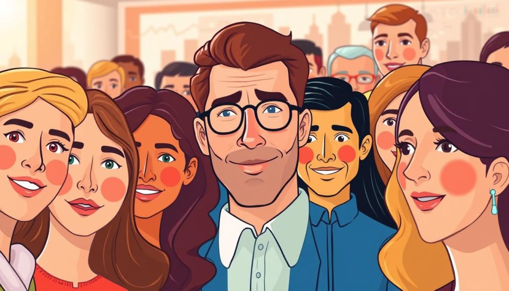 A vibrant, dynamic illustration of a diverse group of people, representing the target audience for an article on effective lead qualification in sales. In the foreground, a colorful mosaic of faces - young and old, male and female, from various ethnicities and backgrounds, each conveying a sense of curiosity, engagement, and openness. In the middle ground, subtle iconography and visual cues suggesting the sales and marketing context, such as graphs, charts, or digital devices. In the background, a soft, blurred cityscape or office environment, creating a sense of setting and context. The overall mood is one of inclusivity, dynamism, and a focus on the human element of the target audience. Warm, natural lighting from multiple angles adds depth and dimension to the scene.
