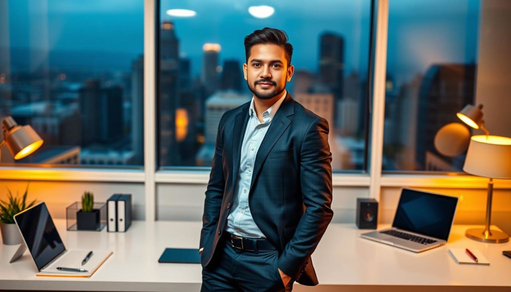 A vibrant, dynamic personal brand portrayed through a thoughtful composition. In the foreground, a confident, well-dressed individual stands tall, their gaze direct and purposeful. The midground features a sleek, modern workspace, with a laptop, stationery, and other professional accessories arranged neatly. The background showcases a city skyline, hinting at the individual's urban, cosmopolitan setting. Warm, golden lighting illuminates the scene, creating a sense of ambition and success. The overall image conveys a strong, polished personal brand - one of an accomplished, forward-thinking professional poised for growth and impact.