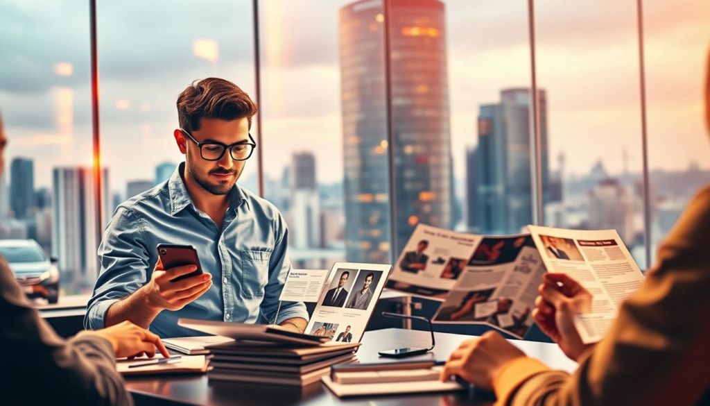 A vibrant, dynamic scene depicting effective client prospecting strategies. In the foreground, a determined professional engages with potential clients, using a laptop and smartphone to research and connect. The middle ground showcases a range of targeted marketing materials, from brochures to digital displays, conveying the company's expertise and value proposition. In the background, a bustling city skyline sets the stage, suggesting a thriving business environment. Warm, directional lighting highlights the key elements, creating a sense of purpose and momentum. The overall composition communicates a modern, proactive approach to client acquisition, aligned with the article's "Estratégias de prospecção" (Prospecting Strategies) section.