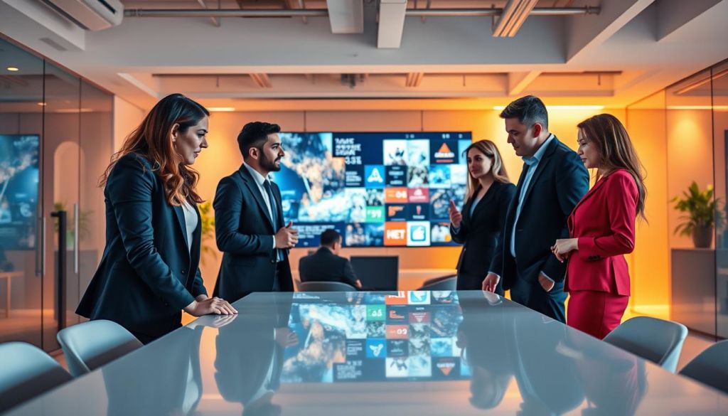 A vibrant, dynamic scene depicting the intersection of public relations and marketing. In the foreground, a group of professionals in sleek, modern attire collaborating over a sleek, minimalist table, their expressions animated as they discuss strategies and ideas. In the middle ground, a large display screen showcases captivating visual content, drawing the eye. The background is a chic, contemporary office space, bathed in warm, directional lighting that creates a sense of energy and productivity. The overall mood is one of creative synergy, showcasing the powerful intersection of public relations and marketing in a polished, visually striking manner.