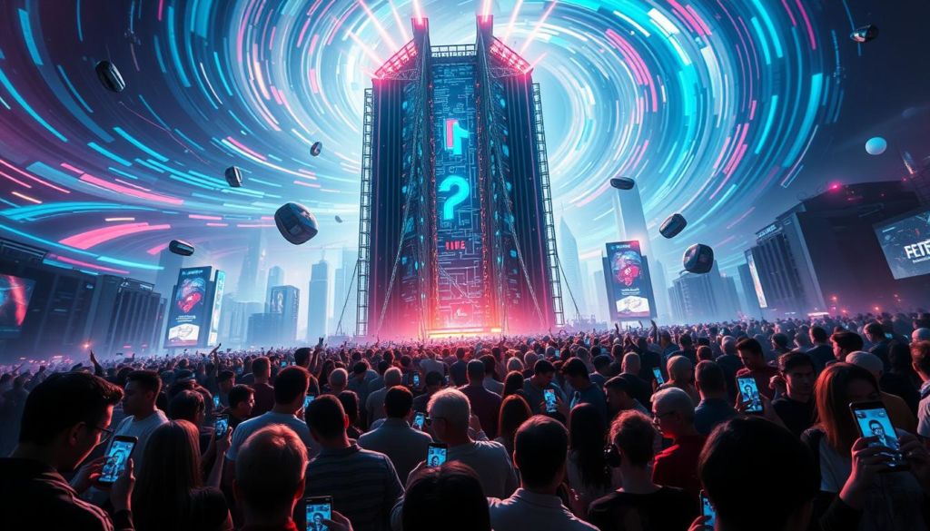 A vibrant, dynamic scene depicting the social media revolution. In the center, a towering, futuristic digital interface symbolizes the rapid growth and influence of social platforms. Surrounding it, a diverse crowd of people engage intensely with their mobile devices, connected yet distanced. The background features a swirling, neon-tinged cityscape, hinting at the far-reaching impact of social media on modern life. Dramatic lighting casts dramatic shadows, creating a sense of both excitement and unease. The overall mood is one of rapid, disruptive change, where the digital and physical worlds collide.