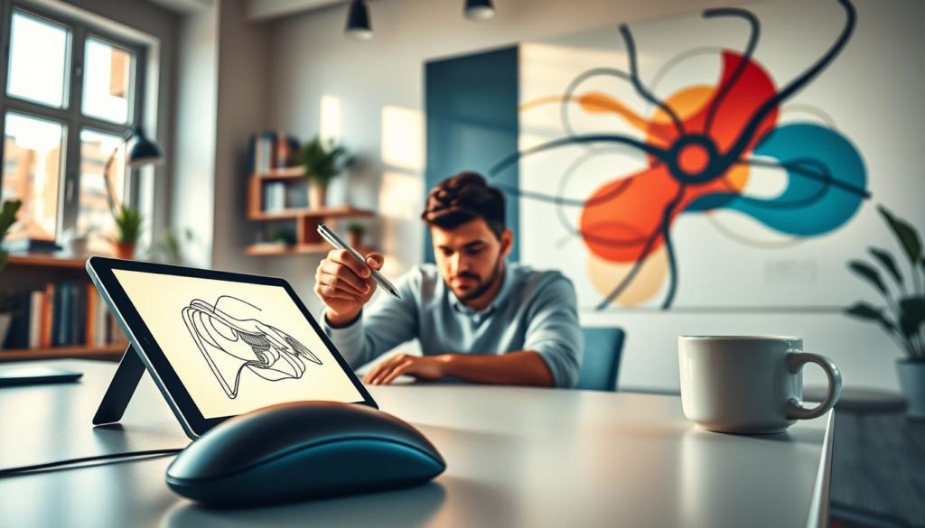 A vibrant, dynamic scene of content creation unfolding in a modern, minimalist workspace. Crisp, natural lighting filters in through large windows, casting a warm glow on a sleek desk displaying a tablet, wireless mouse, and a cup of steaming coffee. In the foreground, a stylized hand skillfully wields a digital drawing pen, transforming the tablet screen into a canvas of creative expression. The mid-ground features a person deeply engrossed in their work, their face illuminated by the glow of the screen, brows furrowed in concentration. In the background, shelves with carefully curated books and plants add a touch of organic elegance, while a large, abstract wall mural serves as a bold, inspirational backdrop. The overall mood is one of focused productivity, innovation, and a strong commitment to crafting valuable digital content.