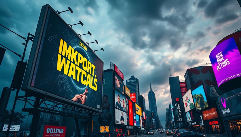 A vibrant, dynamic scene of impactful advertising strategies. In the foreground, a captivating billboard display showcases a striking visual with bold, eye-catching typography. The middle ground features a bustling urban landscape, with creative signage, digital screens, and billboards adorning the cityscape. In the background, a dramatic sky with moody, dramatic lighting sets the tone, suggesting the power and influence of effective propaganda. The overall atmosphere is one of dynamism, energy, and the allure of persuasive marketing tactics. Captured through a wide-angle lens with a cinematic, high-contrast style.