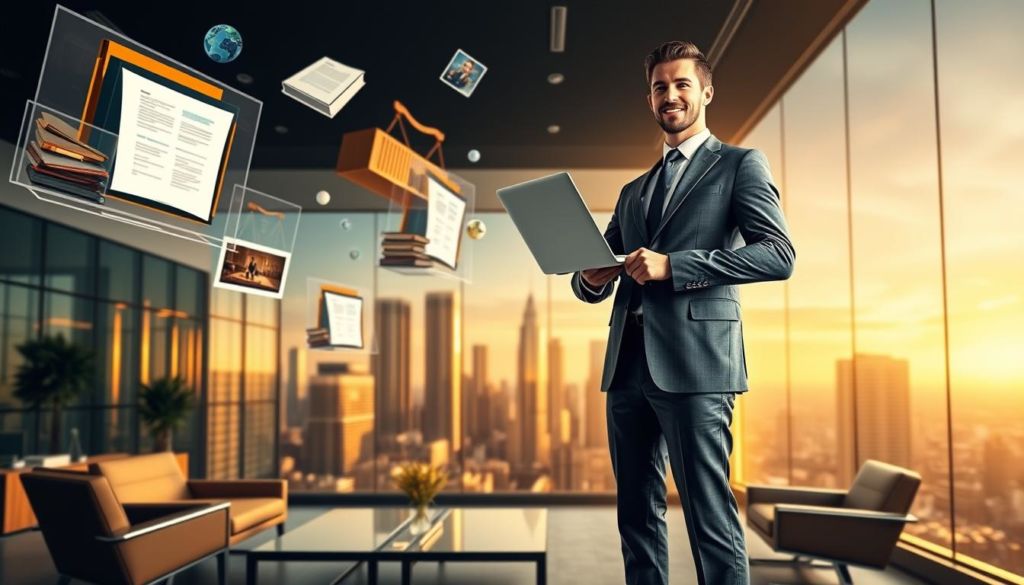 A vibrant, dynamic scene showcasing online legal success. In the foreground, a confident, well-dressed lawyer stands triumphantly, laptop in hand, against a backdrop of floating digital elements - law books, client files, and virtual courtroom scenes. The middle ground features a modern, high-tech office space with sleek furniture and gleaming computer displays. In the background, a cityscape of skyscrapers and technology hubs, bathed in warm, golden lighting, symbolizing the prosperity and growth of the online legal industry. The overall mood is one of professional achievement, technological advancement, and a sense of empowerment in the digital era.