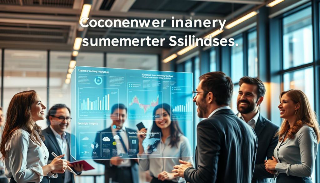 A vibrant, dynamic scene showcasing successful consumer insight case studies. In the foreground, a group of business professionals engaged in lively discussion, their faces alight with enthusiasm. In the middle ground, a series of holographic displays present data visualizations and customer journey maps, illuminating the insights that drove business transformation. The background features a sleek, high-tech office environment with floor-to-ceiling windows, bathed in warm, focused lighting that creates a sense of innovation and progress. The overall mood is one of collaborative energy, where data-driven decision-making has led to breakthrough successes.