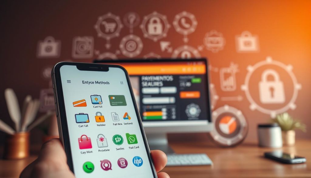 A vibrant e-commerce payment methods scene, captured with a wide-angle lens in warm, soft lighting. In the foreground, a smartphone displays various online payment icons - credit cards, digital wallets, and mobile payment options. In the middle ground, a desktop computer showcases a secure checkout page, with padlock symbols and trust badges. The background features stylized graphic elements representing secure data transfer, seamless user experience, and reliable payment processing. The overall mood is one of modern, streamlined, and trustworthy online transactions, perfectly suited to illustrate the "Pagamentos Seguros e Práticos" section of the article.