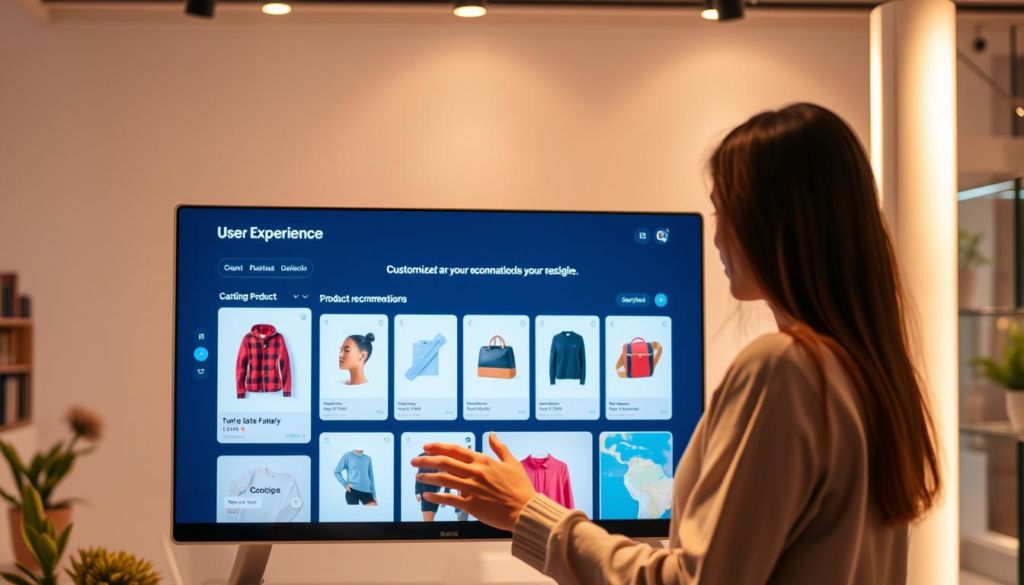 A vibrant e-commerce website with a personalized user experience. In the foreground, a customer interacts with a sleek, intuitive interface, exploring customizable product options. The middle ground features dynamic product recommendations tailored to their preferences, while the background showcases a clean, minimalist design with subtly integrated branding elements. Soft, warm lighting illuminates the scene, creating a welcoming and engaging atmosphere. The overall composition conveys a sense of seamless integration between the user and the digital shopping environment, reflecting the theme of "Personalização da Experiência do Usuário".