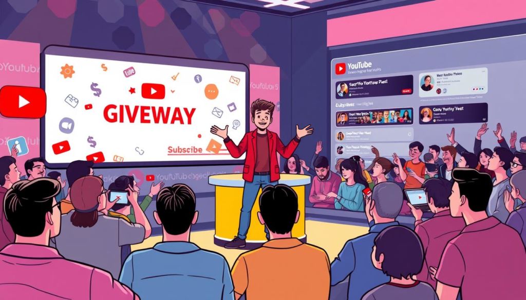 A vibrant, engaging YouTube-themed illustration featuring a cheerful host presenting an interactive giveaway or contest to an attentive virtual audience. The foreground shows the host standing on a colorful stage, gesturing enthusiastically while surrounded by a dynamic array of digital elements like icons, animations, and UI components. The middle ground depicts an energetic audience of YouTube subscribers eagerly participating, their faces and devices visible. The background showcases a sleek, modern YouTube-inspired interface with subscribe buttons, comment sections, and other platform-specific motifs, all bathed in a warm, inviting lighting scheme. The overall scene conveys a sense of excitement, community, and the potential for viewer engagement and growth.