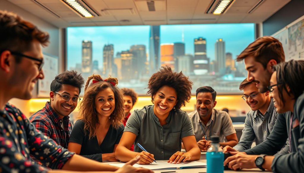 A vibrant, expansive scene depicting the power of entrepreneurial education. In the foreground, a group of diverse individuals engage in hands-on learning, their faces alight with curiosity and determination. The middle ground showcases a modern, well-equipped classroom, its walls adorned with visuals and schematics that inspire innovative thinking. In the background, a cityscape rises, symbolizing the boundless opportunities that await those who harness the skills and mindset cultivated through entrepreneurial education. The lighting is warm and inviting, casting a glow of optimism and possibility. Captured through a wide-angle lens, the composition conveys a sense of inclusivity, dynamism, and the transformative impact of empowering individuals to become entrepreneurial leaders.