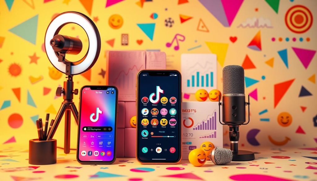 A vibrant, eye-catching collage depicting various elements for creating engaging TikTok content. In the foreground, a smartphone displays a colorful, trendy TikTok UI, surrounded by a dynamic array of content creation tools - a studio-style ring light, a professional-grade microphone, and a range of colorful, expressive emojis. The middle ground features a collection of social media metrics, analytics, and trend data, hinting at the importance of understanding audience engagement. In the background, a playful, abstract pattern of geometric shapes and bold, vibrant colors sets an energetic, contemporary tone. Warm, diffused lighting casts a youthful, aspirational atmosphere, capturing the essence of successful TikTok content creation.