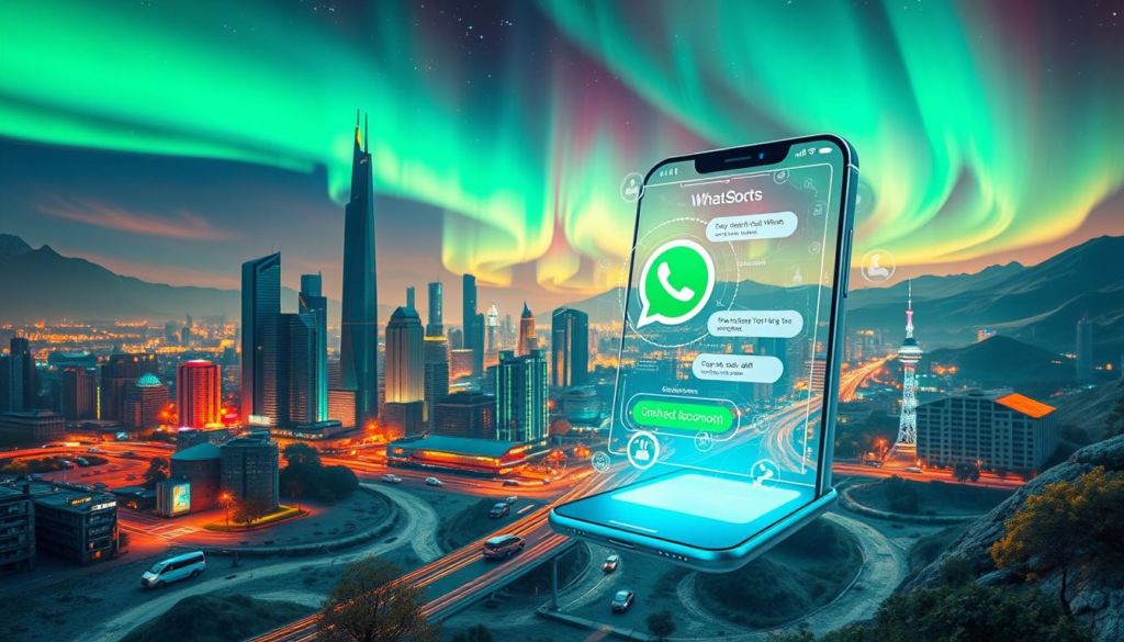 A vibrant futuristic landscape showcasing the potential of chatbots in the WhatsApp ecosystem. In the foreground, a sleek, holographic chatbot interface emerges from a stylized smartphone, its responsive display reflecting the latest advancements in AI and natural language processing. The middle ground features a bustling metropolis, skyscrapers and autonomous vehicles seamlessly integrated with intelligent chatbot systems, streamlining communication and task management. In the background, a vibrant aurora borealis paints the sky, hinting at the boundless possibilities of this evolving technology. The scene is illuminated by a warm, diffused lighting, creating a sense of wonder and innovation. Captured with a wide-angle lens to convey the expansive nature of this futuristic vision.