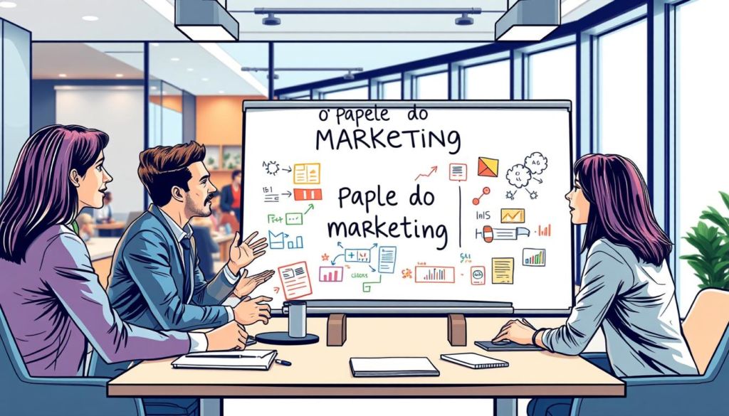 A vibrant, hand-drawn illustration of a marketing strategy meeting, with a group of professionals gathered around a table, gesturing and discussing intently. The foreground features a whiteboard with colorful diagrams and charts, representing the "papel do marketing" in the pricing process. The middle ground shows the team, their faces animated with ideas and enthusiasm. The background subtly incorporates elements of a modern office setting, with sleek furniture and large windows letting in warm, natural lighting. The overall atmosphere is one of creative collaboration and strategic problem-solving, capturing the essence of the "O Papel do Marketing na Precificação" section.