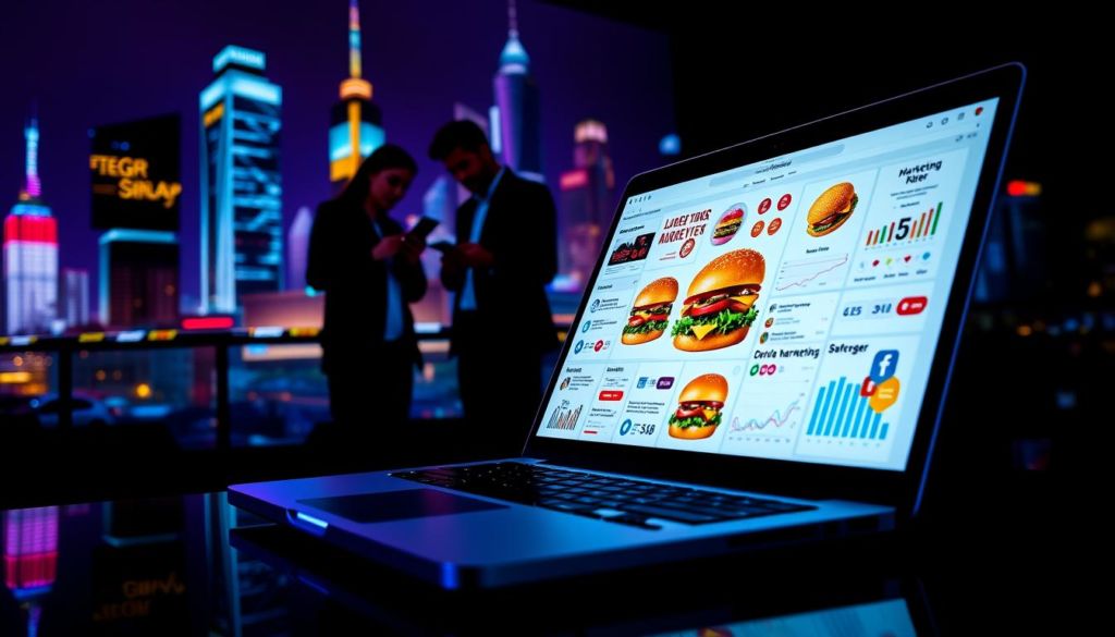 A vibrant, high-contrast digital marketing strategy for a modern burger delivery business. A sleek, shiny laptop displays various marketing analytics dashboards in the foreground, surrounded by a collage of strategically placed burger icons, social media logos, and targeted digital ads. In the middle ground, a professional team collaborates on a digital marketing campaign, using smartphones and tablets to coordinate efforts. The background features a stylized cityscape with neon-lit skyscrapers, hinting at the fast-paced, tech-savvy nature of the digital landscape. Dramatic lighting casts sharp shadows, emphasizing the precision and dynamism of the digital marketing initiatives. The overall mood is one of efficiency, innovation, and a relentless pursuit of growth in the highly competitive food delivery market.