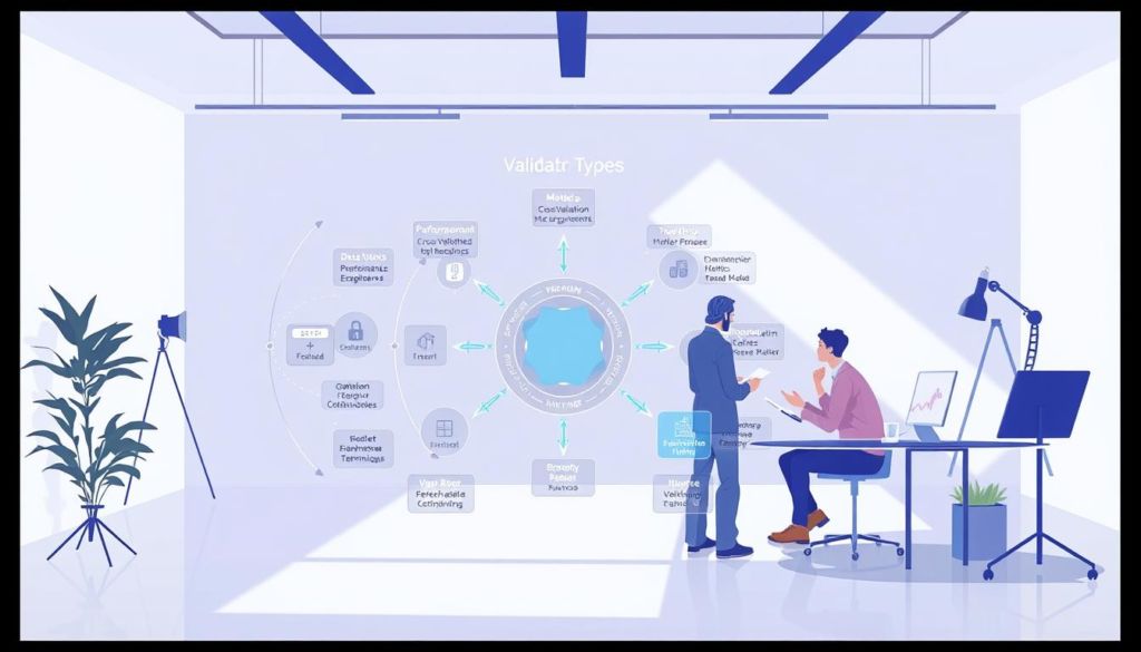 A vibrant, high-resolution digital illustration depicting the validation of machine learning models. The foreground features a central diagram showcasing a variety of model types, with clear visualization of performance metrics, cross-validation techniques, and hyperparameter tuning. The middle ground shows data scientists and machine learning engineers collaborating, discussing model outputs and iterating on design. The background is a minimalist studio setting with clean lines, natural lighting, and a sense of focus and productivity. The overall mood is one of technical proficiency, analytical rigor, and a commitment to building robust, trustworthy AI systems.