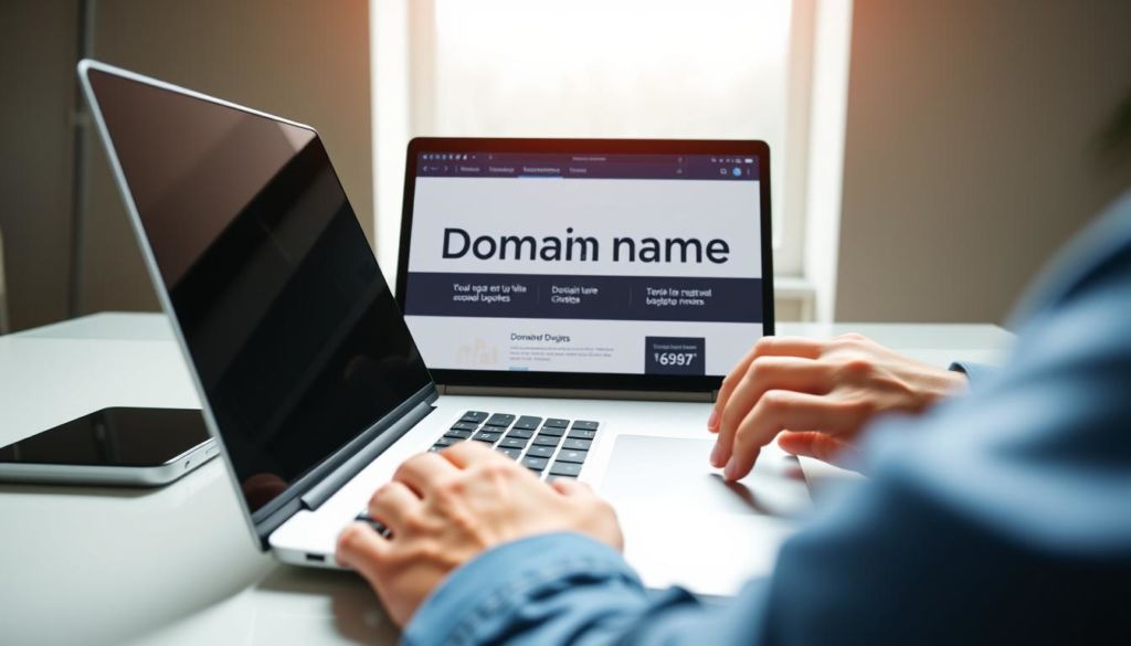 A vibrant, high-resolution image of a person confidently utilizing a domain name on a modern, sleek laptop. The foreground features the user's hands typing on the keyboard, with the laptop screen displaying a clean, elegant website interface. The middle ground showcases the laptop from an angled perspective, highlighting its premium design and materials. The background depicts a minimalist, well-lit office setting with subtle patterns and textures, creating a sense of professionalism and productivity. The overall scene conveys a feeling of ease and efficiency in managing one's online presence through a registered domain name.