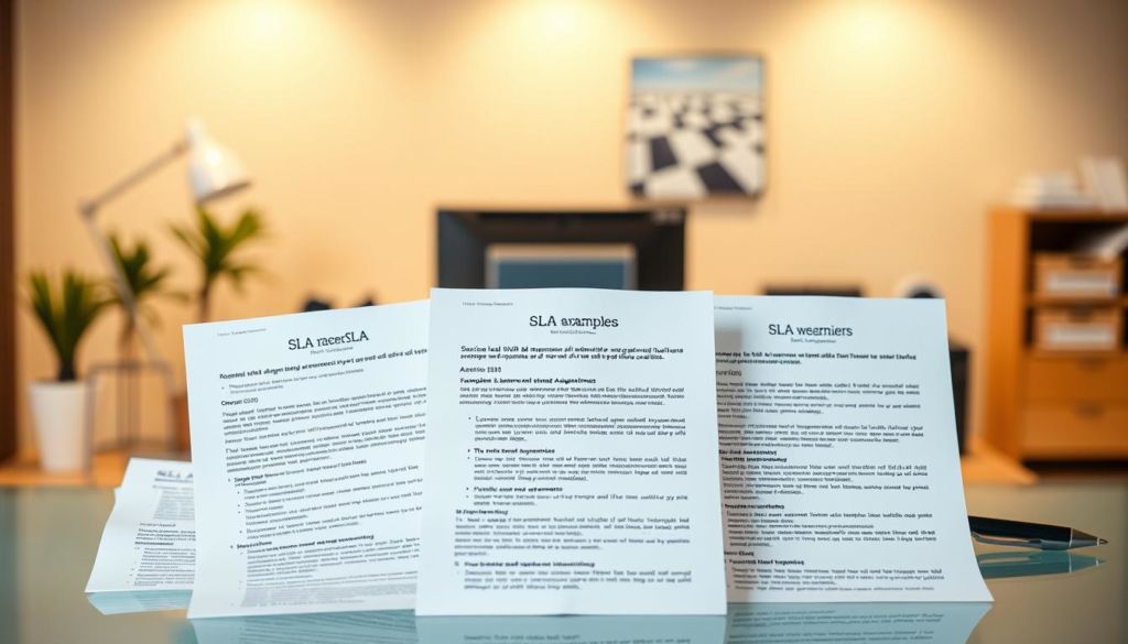 A vibrant, high-resolution image of various examples of Service Level Agreements (SLAs) presented in a clean, organized manner. The foreground showcases a collection of SLA documents, each with clearly defined sections such as response times, uptime guarantees, and incident resolution policies. The middle ground features a professional, well-lit office setting with a desk, computer, and other business-related props. The background subtly blurs into a warm, neutral tone, creating a sense of focus on the SLA examples. The overall mood is one of professionalism, clarity, and attention to detail, reflecting the importance of well-crafted SLAs in the business world.