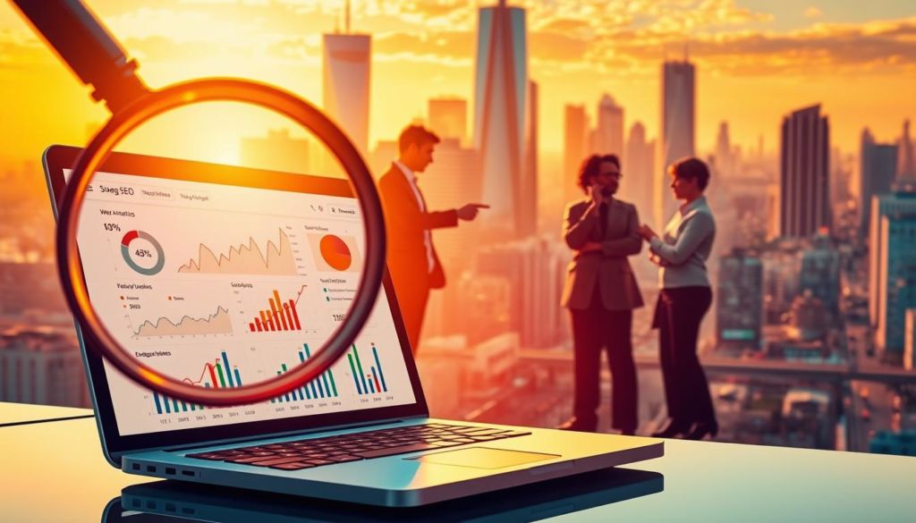 A vibrant illustration of SEO strategies, bathed in warm, golden light and captured with a soft, cinematic lens. In the foreground, a magnifying glass hovers over a laptop display, revealing a web analytics dashboard filled with insightful data. In the middle ground, a team of digital marketers collaborate, pointing to various metrics and discussing optimization tactics. In the background, a cityscape of towering skyscrapers and bustling streets represents the competitive online landscape. The overall mood is one of focused determination, highlighting the importance of effective SEO in driving business growth.