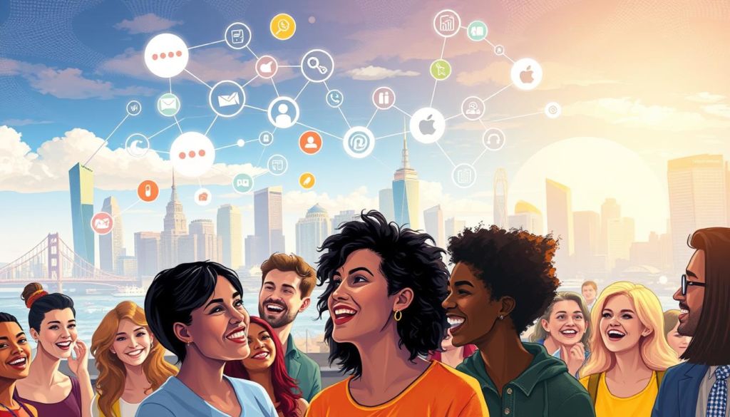 A vibrant illustration of effective referral marketing strategies, captured in a high-resolution digital painting. In the foreground, a group of diverse individuals enthusiastically sharing ideas and recommendations, their faces alight with excitement. In the middle ground, a network of interconnected icons and symbols representing various digital and physical touchpoints for referral programs. In the background, a dynamic cityscape with skyscrapers and other modern architectural elements, symbolizing the global reach and scale of word-of-mouth marketing. The overall scene is bathed in warm, inviting lighting that conveys a sense of possibility and collaboration. The composition is balanced and visually compelling, drawing the viewer's eye through the various layers of the image.