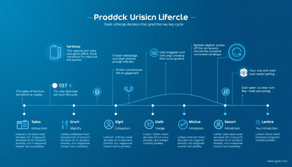 A vibrant infographic depicting the key success indicators for each stage of a product's life cycle. A sleek, minimalist design with clean lines and a sophisticated color palette of blues, grays, and muted tones. In the foreground, distinct icons and data visualizations illustrate metrics like sales figures, user engagement, and customer satisfaction. The middle ground showcases a stylized timeline, guiding the viewer through the phases of introduction, growth, maturity, and decline. In the background, a subtle gradient provides depth and dimension, creating an informative yet visually appealing composition. Crisp, high-contrast lighting emphasizes the clarity of the information, while a slightly tilted camera angle adds dynamism to the scene. The overall mood is one of professionalism, efficiency, and data-driven decision making.