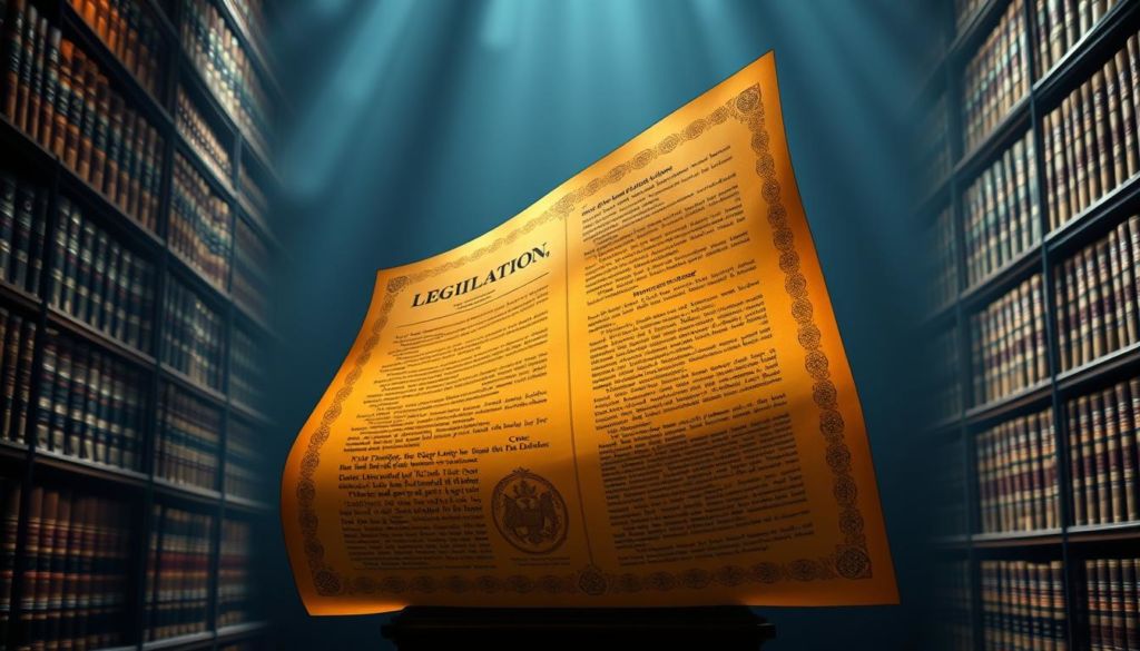 A vibrant legislative manuscript unfurling against a backdrop of a dimly lit legal chamber. Intricate patterns of gold-embossed text and official seals adorn the document's surface, casting a warm glow under the soft, diffused lighting. Towering shelves of ancient legal tomes line the periphery, their leather-bound spines casting faint shadows across the scene. A sense of gravitas and authority permeates the atmosphere, underscoring the importance of the subject matter - marketing legislation and ethical considerations. The image conveys a measured, professional tone befitting the article's practical guide to recommendation marketing.