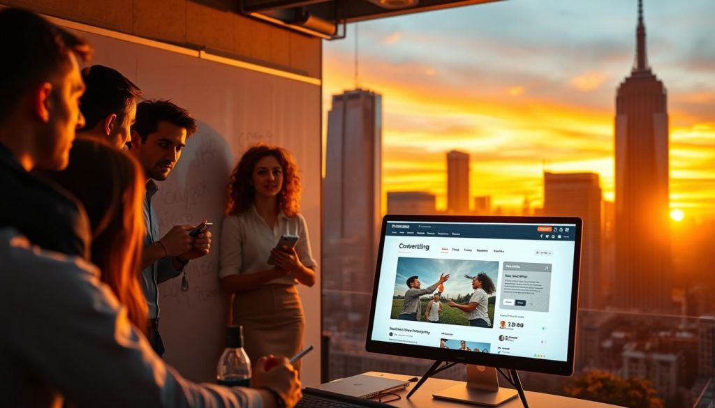 A vibrant marketing strategy unfolds, capturing the essence of crowdfunding. In the foreground, a team collaborates, brainstorming ideas on a whiteboard. In the middle ground, a web page showcases the crowdfunding campaign, its details and progress. In the background, a cityscape with skyscrapers and a sunset sky, symbolizing the global reach and potential of the crowdfunding initiative. The lighting is warm and inviting, creating a sense of energy and dynamism. The camera angle is slightly elevated, providing a comprehensive view of the scene. The overall mood is one of focus, creativity, and the anticipation of a successful crowdfunding campaign.