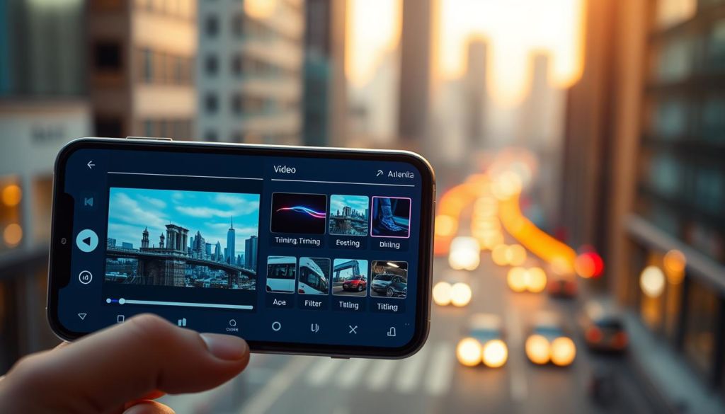 A vibrant mobile app interface showcasing a video editing toolkit. In the foreground, a modern smartphone display presents a sleek video player with playback controls and intuitive editing options. The middle ground features a selection of video trimming, filtering, and titling tools, represented by intuitive icons and UI elements. The background depicts a softly blurred cityscape, conveying a sense of urban connection and digital productivity. Warm lighting casts a cinematic glow, creating an inviting and creative atmosphere. The overall composition suggests an easy-to-use yet powerful video creation experience optimized for social sharing.