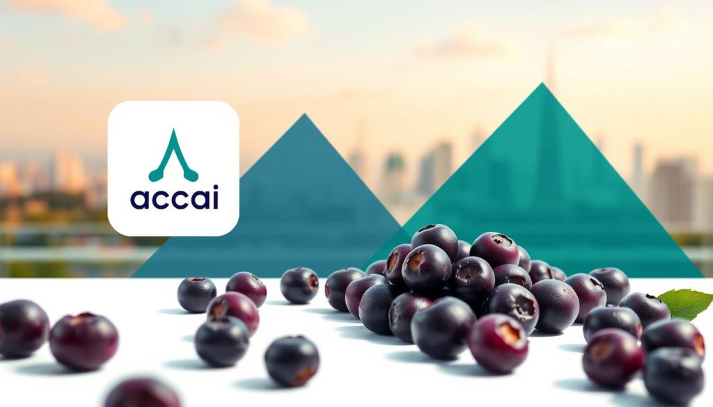 A vibrant, modern brand positioning concept showcasing a dynamic, forward-thinking açaí brand. In the foreground, a sleek, minimalist logo mark hovers above an array of fresh açaí berries, their deep purple hues contrasting beautifully against a crisp white background. The middle ground features clean, geometric shapes in complementary shades of blue and green, subtly evoking the tropical origins of the product. In the background, a softly blurred cityscape provides an elegant, urban backdrop, reflecting the brand's sophisticated, cosmopolitan appeal. The overall composition is illuminated by warm, natural lighting, conveying a sense of vitality and freshness.