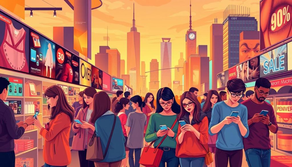 A vibrant, modern consumer trends illustration. In the foreground, a diverse group of consumers engaged in various shopping activities - browsing products, scanning QR codes, comparing prices on smartphones. The middle ground features a collage of trending product categories like electronics, fashion, home decor, and experiences. The background depicts a dynamic cityscape with skyscrapers, billboards, and neon signs, capturing the bustling energy of the consumer landscape. Warm, saturated lighting casts an alluring glow, and the composition is framed with a slightly wide-angle perspective to convey a sense of scale and connection. The overall mood is one of excitement, consumerism, and the ever-evolving nature of modern trends.