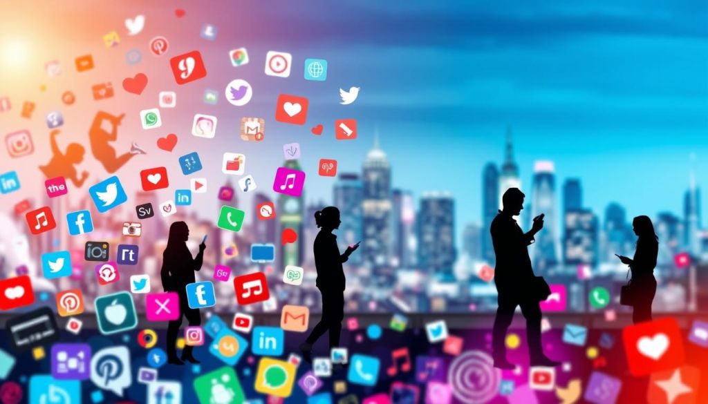 A vibrant, modern digital collage depicting the role of social media in the contemporary landscape. In the foreground, a diverse array of social media app icons and platforms float amidst a vibrant array of colors and shapes, representing the interconnectedness and pervasiveness of these digital channels. In the middle ground, silhouetted figures engaged in social media interactions, communicating, sharing, and consuming content. The background features a dynamic, blurred cityscape, alluding to the global, always-on nature of social media. The lighting is soft and diffused, creating a sense of warmth and approachability. The overall composition conveys the essential role of social media in modern life, marketing, and digital transformation.
