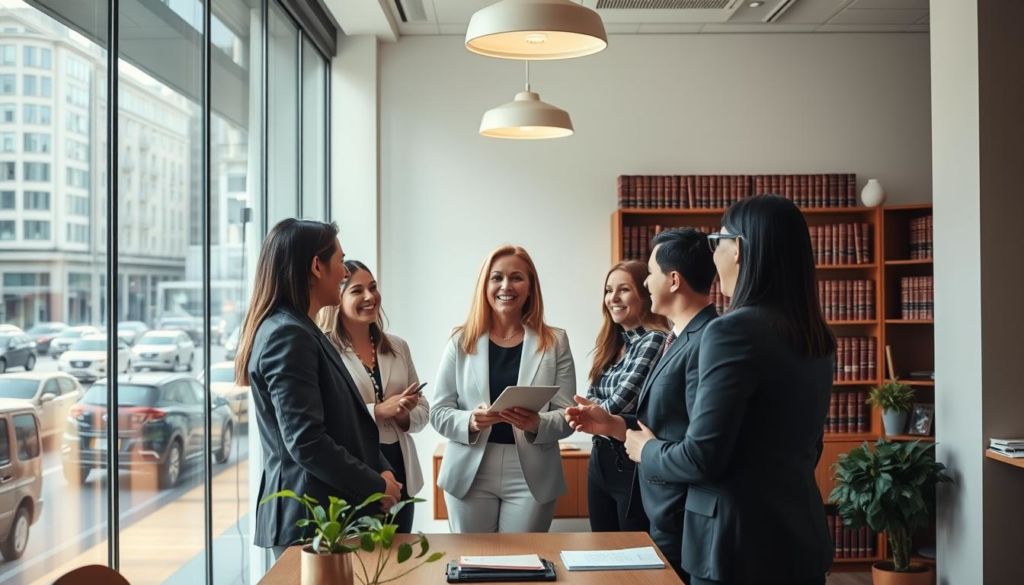 A vibrant, modern law office with a warm, inviting atmosphere. In the foreground, a large window overlooking a bustling city street, bathed in soft, natural light. At the center, a group of satisfied clients animatedly discussing their positive experience with a team of attentive, professional attorneys. In the background, shelves filled with law books and legal documents, conveying a sense of expertise and authority. The overall scene exudes a feeling of trust, competence, and a commitment to exceptional client service - the hallmarks of an effective legal marketing strategy.