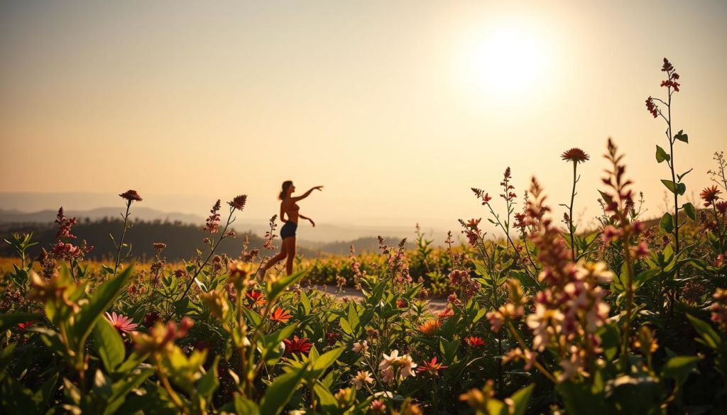 A vibrant, nature-inspired scene depicting the harmony between marketing sensoriality and sustainability. In the foreground, a diverse array of plant life - lush, verdant foliage intertwined with delicate, fragrant flowers in a warm, earthy color palette. Mid-ground, graceful human silhouettes engage with the sensorial elements, their movements fluid and intuitive. The background features a serene, sun-dappled landscape - rolling hills, a distant horizon, and a cloudless sky painted in soft, muted tones. The lighting is soft and diffused, creating a sense of calm and balance. Capture this scene with a wide-angle lens to convey a sense of wholeness and interconnectedness.