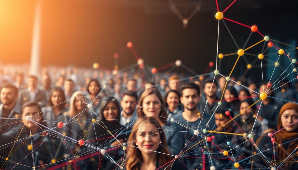 A vibrant network of interconnected contacts, each representing a unique professional or personal relationship. In the foreground, a tightly woven mesh of colorful lines and shapes, symbolizing the intricate web of connections. The middle ground features portraits of diverse individuals, their faces reflecting a sense of collaboration and support. In the background, a soft, atmospheric gradient suggests the boundless potential of this dynamic network. Warm lighting casts a gentle glow, evoking a mood of trust, synergy, and mutual growth. Captured through a wide-angle lens, the composition emphasizes the expansive, multifaceted nature of this "rede de contatos" - a crucial asset in the world of social selling.