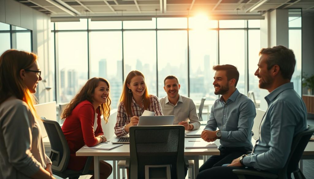 A vibrant office environment, filled with a palpable sense of collaboration and camaraderie. In the foreground, a group of employees engaged in a lively discussion, their expressions animated and their body language open. In the middle ground, a modern, airy workspace with minimalist desks and ergonomic chairs, creating a harmonious and productive atmosphere. The background features large windows overlooking a bustling city skyline, symbolizing the dynamic and progressive nature of the organization. Warm, natural lighting filters through, casting a glow on the scene and highlighting the positive energy and synergy within the office. An inspiring and aspirational depiction of organizational culture that drives productivity and success.