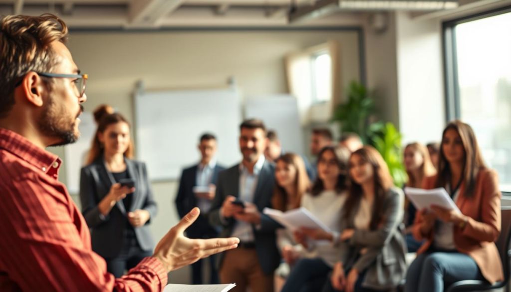 A vibrant office setting, featuring a group of successful sales professionals engaged in an interactive training session. The foreground showcases a presenter at the front of the room, gesturing enthusiastically while addressing a captivated audience. The middle ground depicts the trainees, diligently taking notes and participating in the discussion. The background is softly blurred, creating a sense of depth and focus on the central activity. Warm, natural lighting illuminates the scene, casting a professional and motivating atmosphere. The overall composition conveys a sense of collaborative learning, teamwork, and a commitment to sales excellence.