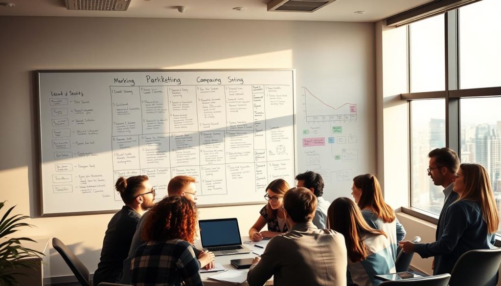 A vibrant office workspace with a large whiteboard on the wall, displaying a meticulously planned marketing campaign. In the foreground, a team of professionals, their faces filled with concentration, huddled around a table, brainstorming ideas and strategizing. Soft, directional lighting illuminates the scene, casting warm shadows that accentuate the focused expressions. The middle ground features a cluster of digital devices, laptops, and notepads, reflecting the blend of analog and digital tools used in modern campaign planning. In the background, a panoramic window overlooks a bustling cityscape, suggesting the broader context and scale of the marketing efforts. The overall atmosphere conveys a sense of collaborative energy, strategic thinking, and the careful orchestration of a successful campaign.