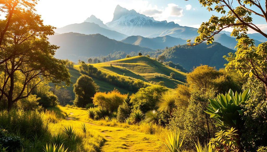A vibrant, organic business landscape with lush greenery and flowing natural elements. In the foreground, a winding path leads the viewer through a serene forest, illuminated by warm, golden sunlight filtering through the canopy. In the middle ground, rolling hills dotted with flourishing trees and foliage create a sense of depth and movement. The background features a majestic mountain range, its peaks capped with snow and shrouded in wispy clouds. The overall scene conveys a feeling of harmony, growth, and natural vitality, reflecting the "Estratégias de tráfego orgânico" concept. The lighting is soft and diffused, creating a serene, contemplative atmosphere.