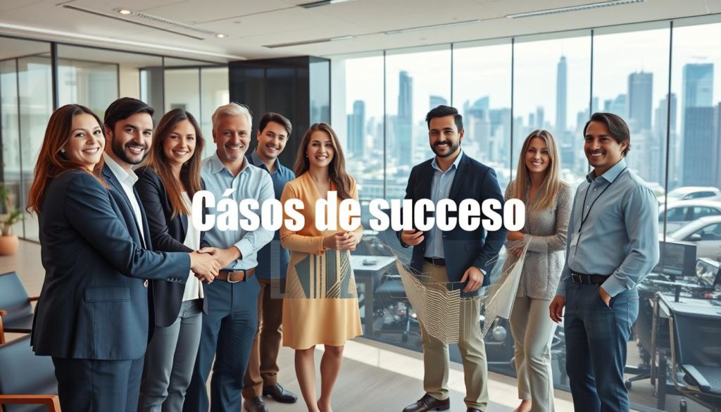 A vibrant, photograph-like image of various successful business cases and entrepreneurial ventures. In the foreground, a group of diverse, prosperous-looking individuals shake hands, smile, and discuss ideas against a modern, minimalist office backdrop with sleek furniture and floor-to-ceiling windows. In the middle ground, a montage of successful product launches, company expansions, and innovative technologies. In the background, a cityscape with towering skyscrapers, bustling streets, and a sense of dynamic energy. The lighting is bright, natural, and evenly distributed, capturing the optimism and professionalism of the scene. The composition is balanced, with the subjects positioned to draw the viewer's attention to the central theme of "Casos de sucesso."
