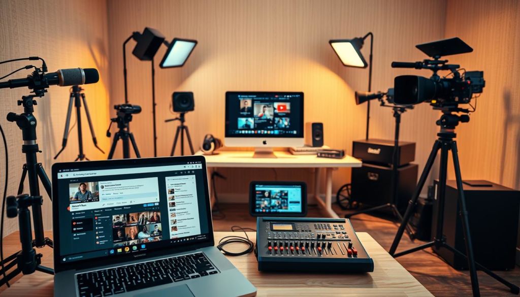 A vibrant, professional YouTube live stream setup capturing the essence of monetization. In the foreground, a laptop displays a live chat window, surrounded by a well-organized array of high-quality microphones, cameras, and lighting equipment. The middle ground features a clean, minimalist desk with a modern desktop computer, a tablet for audience engagement, and a sleek, modern streaming mixer. The background showcases a tasteful, neutral-toned wall with a subtle pattern, creating a polished, studio-like ambiance. Warm, directional lighting casts subtle shadows, emphasizing the streamlined, tech-savvy nature of the setup. An overall sense of efficiency, professionalism, and revenue-generating potential permeates the scene.