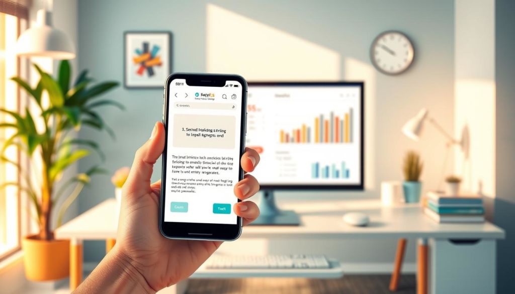 A vibrant, professional e-mail marketing illustration with a focus on efficiency and lead generation. In the foreground, a hand holds a smartphone displaying an email template with clear, concise messaging. In the middle ground, a desktop computer displays analytics and conversion metrics, highlighting the data-driven approach. The background features a clean, modern office setting with minimalist decor, conveying a sense of productivity and success. Warm, natural lighting casts a pleasant glow, and the composition is balanced, drawing the viewer's eye toward the central email interface. The overall tone is one of sophistication, efficacy, and digital savvy.