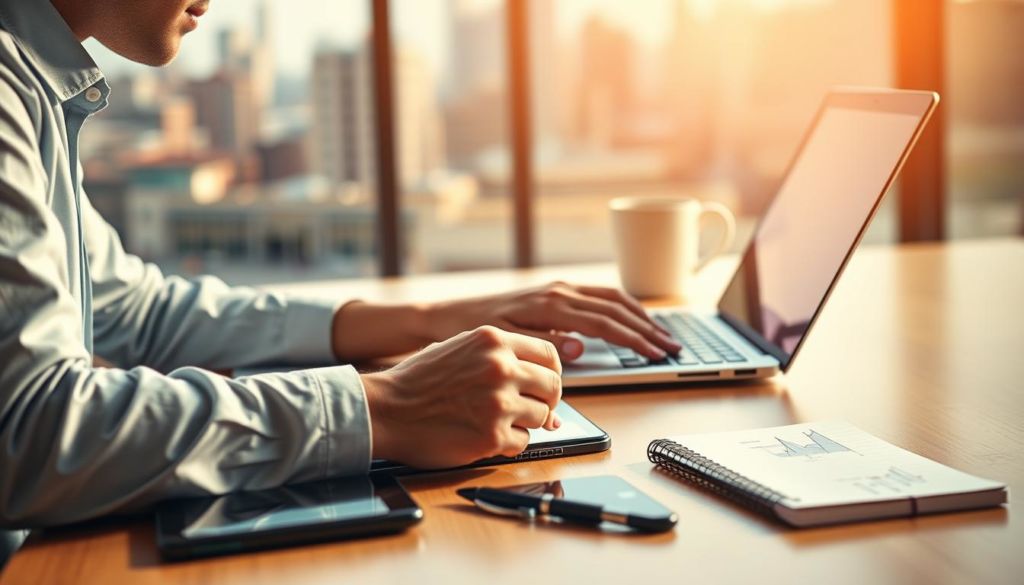 A vibrant, professional-looking image of content creation. In the foreground, a person diligently types on a laptop, surrounded by a minimalist, well-lit workspace. In the middle ground, various digital devices and creative tools - a tablet, smartphone, pen, and notebook - are neatly arranged, symbolizing the diverse elements of content production. The background features a blurred cityscape, hinting at the broader context and the connected world in which this content will be shared. Warm, natural lighting casts a productive, creative atmosphere, with a focus on efficiency and effective communication.