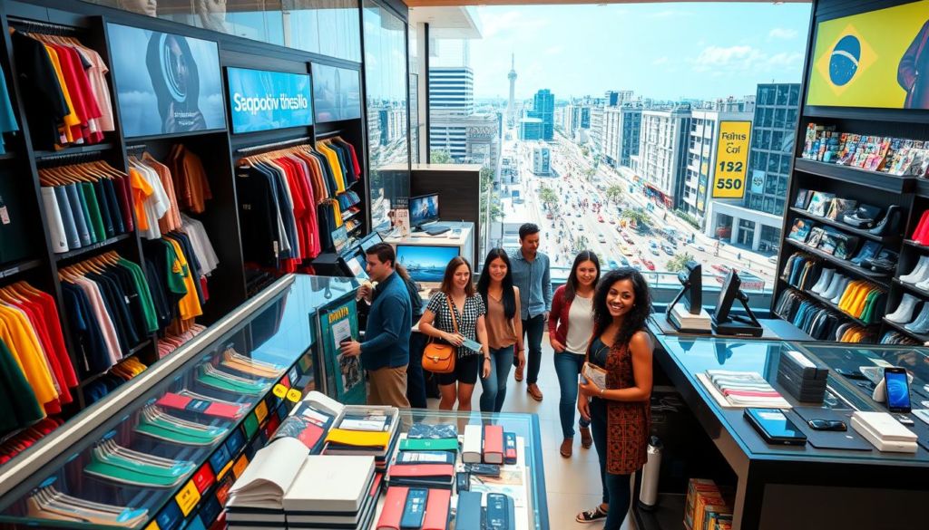 A vibrant retail showcase, capturing the success stories of Brazil's thriving commerce. In the foreground, an array of diverse products, from colorful clothing to sleek electronics, artfully displayed against a backdrop of modern store interiors. The middle ground features smiling customers, immersed in a seamless shopping experience, surrounded by attentive staff. In the background, a panoramic view of bustling city streets, reflecting the energy and dynamism of the Brazilian retail landscape. Crisp lighting accentuates the refined aesthetic, while a wide-angle lens captures the scale and grandeur of this triumphant retail environment.
