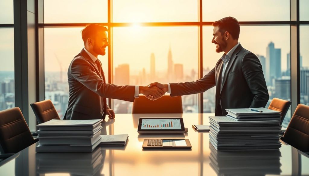 A vibrant scene of a business partnership, captured in a warm, inviting light. In the foreground, two executives, dressed in professional attire, shake hands across a sleek, polished conference table, a gesture of trust and collaboration. In the middle ground, stacks of neatly organized documents and a tablet display supply chain data, highlighting the importance of supplier relationships. The background features floor-to-ceiling windows, offering a panoramic view of a bustling city skyline, symbolizing the global reach and interconnectedness of modern business. The overall atmosphere conveys a sense of professionalism, efficiency, and a shared commitment to streamlining the supply chain and reducing lead times.