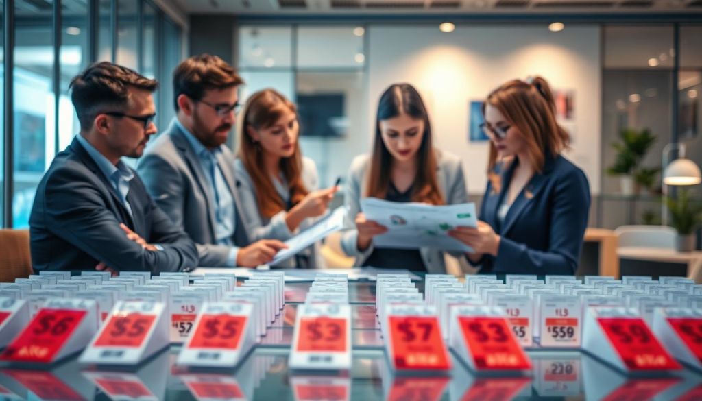 A vibrant scene of a price testing experiment. In the foreground, a table display showcases various product price tags, each meticulously arranged. The middle ground features a team of analysts deeply engaged, studying data and charts, their expressions intense as they evaluate the efficacy of the pricing strategy. The background is softly blurred, hinting at a professional office environment with modern furnishings and ambient lighting, creating a contemplative atmosphere. The overall composition conveys a sense of focus, precision, and the critical process of price validation to inform a successful pricing strategy.