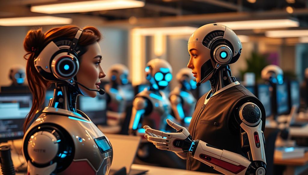 A vibrant scene of customer service chatbots in action, captured with a cinematic wide-angle lens. In the foreground, a lifelike AI agent engages with a user, their expressions and gestures conveying empathy and understanding. The middle ground features a team of chatbots, each with distinct personalities, working diligently to assist a diverse array of customers. The background showcases a modern, tech-forward office environment, with sleek workstations and cutting-edge communication hardware. Warm, diffused lighting creates a welcoming atmosphere, while subtle blurs and depth-of-field effects draw the viewer's attention to the central interaction. The overall composition evokes a sense of efficiency, innovation, and a commitment to exceptional customer service.