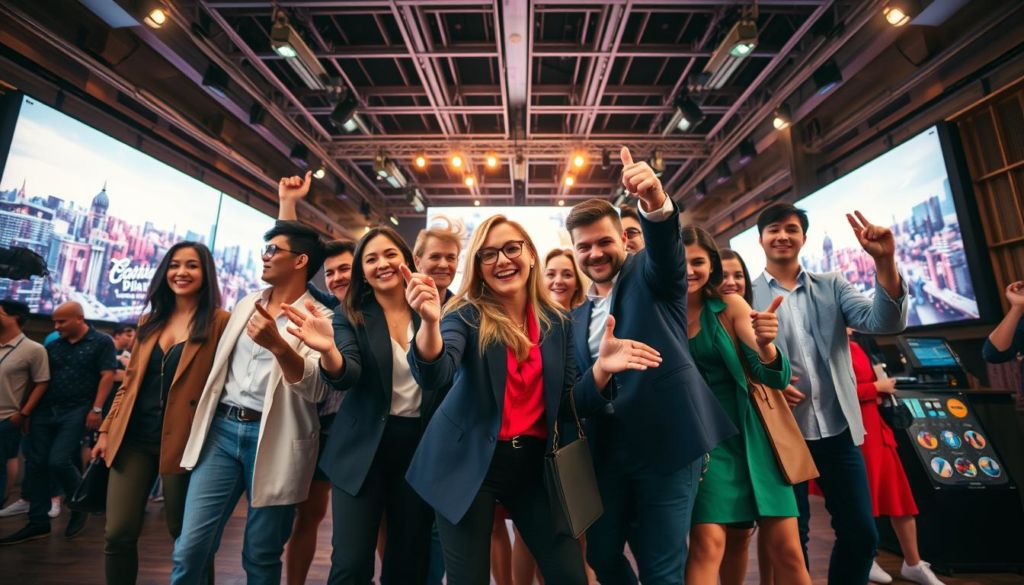 A vibrant scene of influencer marketing unfolds, captured with a wide-angle lens. In the foreground, a group of stylishly dressed social media personalities strike dynamic poses, their expressions conveying the energy and excitement of their craft. The middle ground features a backdrop of urban landscapes and digital displays, symbolizing the interconnected world of modern marketing. Soft, diffused lighting casts a warm, inviting glow, while the overall composition suggests a sense of collaboration, creativity, and the power of personal influence. The atmosphere is one of aspirational authenticity, where influencers and brands come together to captivate and inspire their audience.