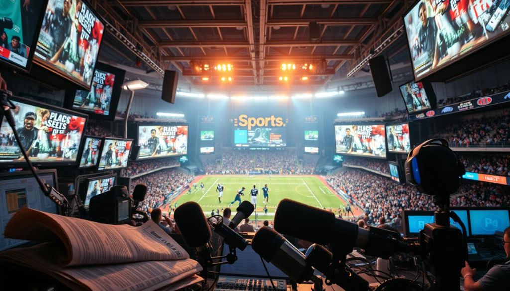 A vibrant scene of traditional media channels in the world of sports marketing. In the foreground, a dynamic collage of newspaper headlines, television screens, and radio microphones, capturing the essence of classic communication platforms. The middle ground features athletic figures in motion, surrounded by a blend of digital screens and analog display boards, symbolizing the convergence of old and new. In the background, a stadium setting with spectators and billboards, illuminated by a warm, cinematic lighting that enhances the sense of energy and excitement. The overall atmosphere conveys the enduring significance of traditional media in driving the engagement and promotion of sports events and athletes.