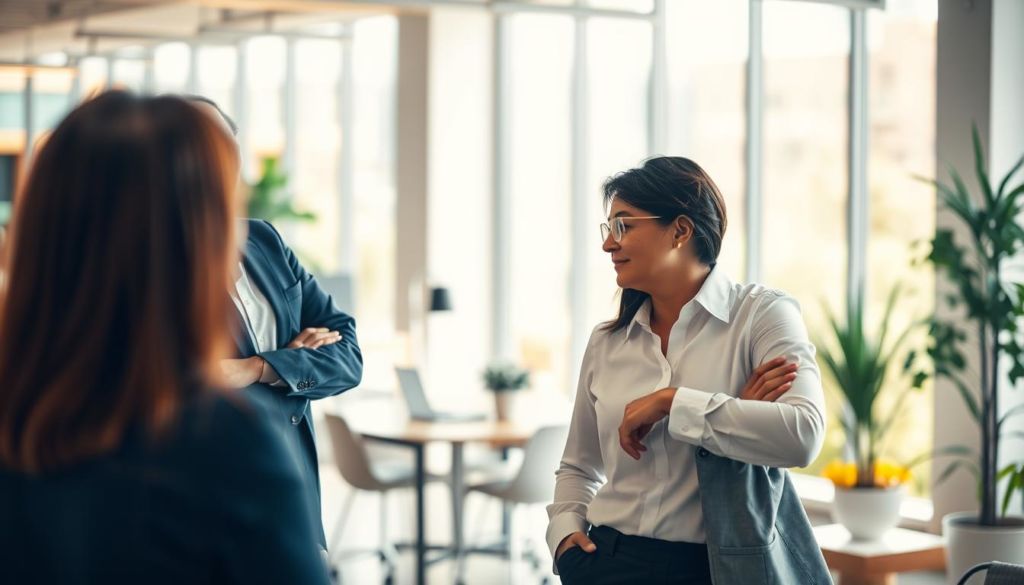 A vibrant scene showcasing the art of communication in sales. In the foreground, a confident sales representative engages with a client, their body language and facial expressions conveying a sense of connection and understanding. The middle ground features a workspace with modern, minimalist furnishings, creating a professional yet approachable atmosphere. The background is softly blurred, hinting at the broader context of a bustling office environment. Warm, natural lighting filters through large windows, casting a gentle glow over the scene and emphasizing the importance of clear, effective communication in the world of sales. The overall mood is one of collaboration, trust, and a shared drive to achieve success.