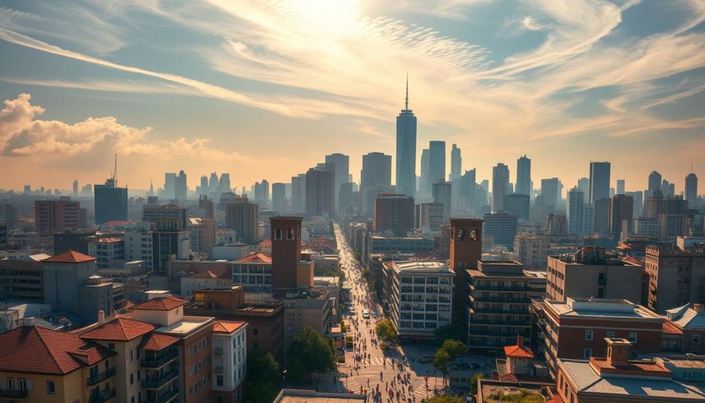 A vibrant, segmented cityscape illuminated by warm, golden sunlight filtering through wispy clouds. In the foreground, diverse buildings in various architectural styles stand in harmonious contrast, each section carefully defined. The middle ground features bustling streets teeming with life, people navigating through distinct neighborhoods. In the background, towering skyscrapers rise, symbolizing the dynamic growth and expansion of this thriving metropolis. The composition emphasizes the importance of segmentation, how dividing a landscape into distinct, purposeful areas enhances organization, efficiency, and the unique character of each component. A sense of order and structure pervades the scene, yet it maintains an organic, vibrant energy.